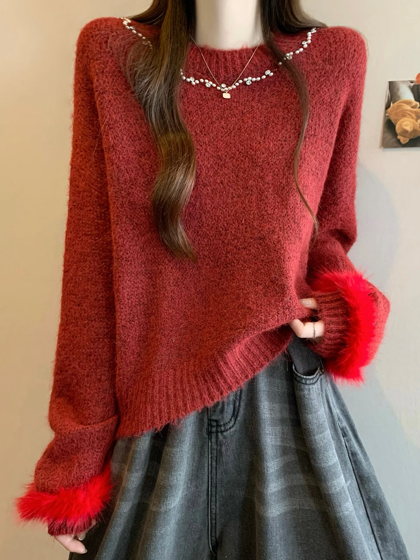 

Cisas Aosphere Felted Red Long Sve Женская трикотажная основа irt Winter New Sle Soft Loose Fit круглый Ne Thiened S...
