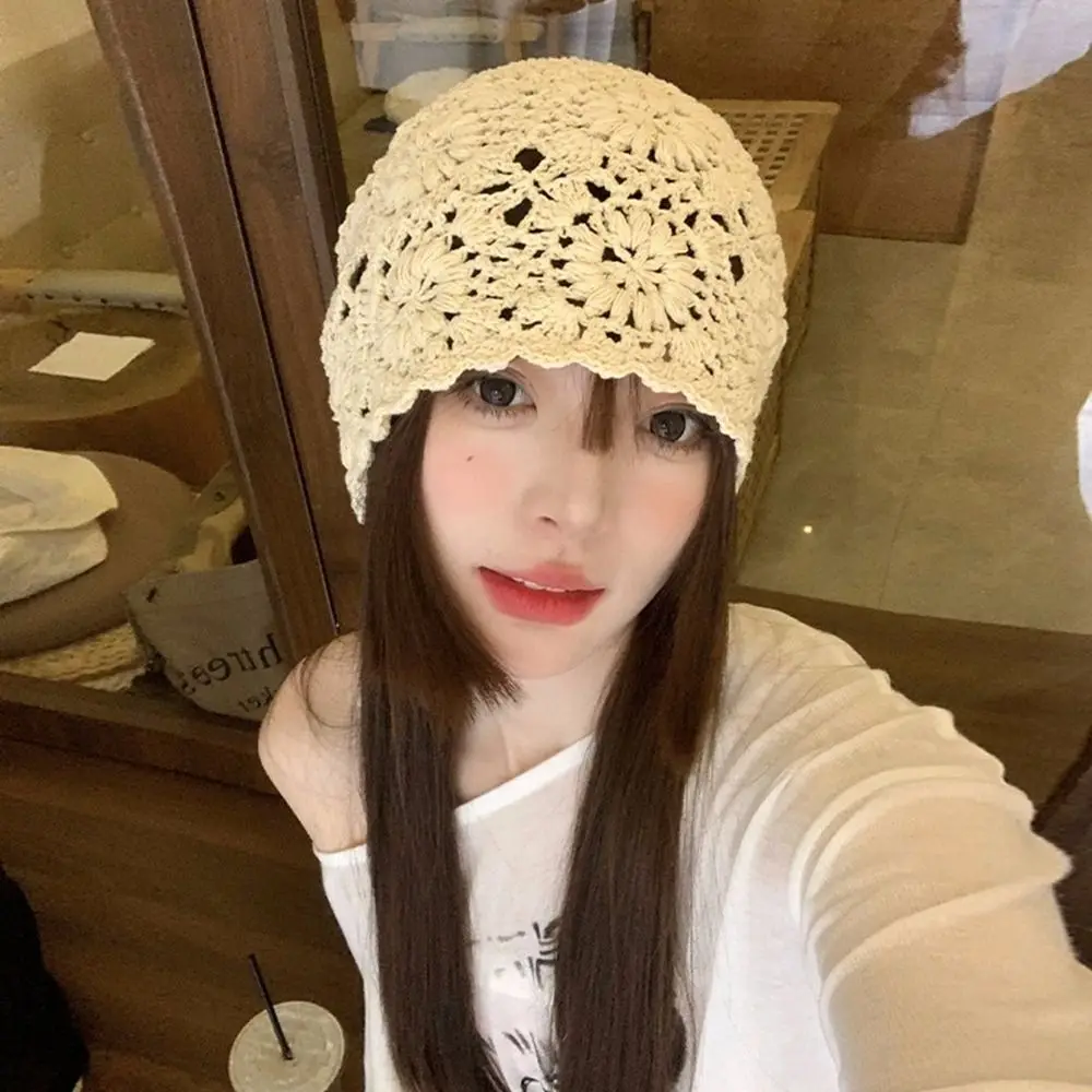 

Fashion Ethnic Style Crochet Flower Knitted Hat Hollow Out Beanies Knit Cap Korean Handmade Outdoor