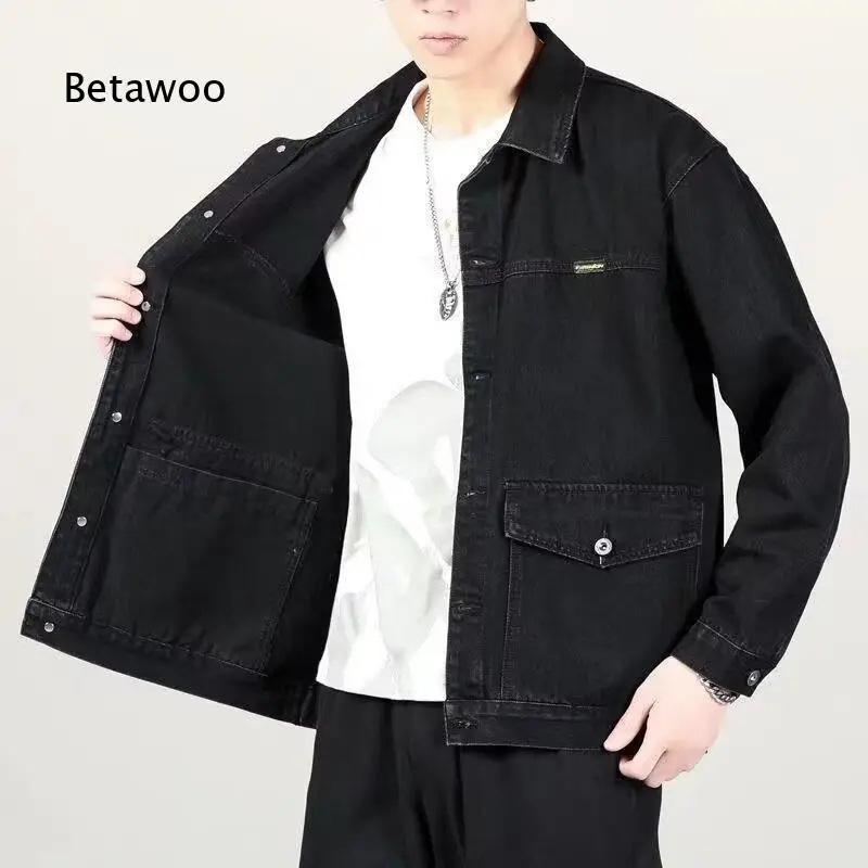Men Lapel Button Up Denim Jacket Loose Fit Wear Resistant Cargo Outerwear for Autumn Winter Street Casual Wear