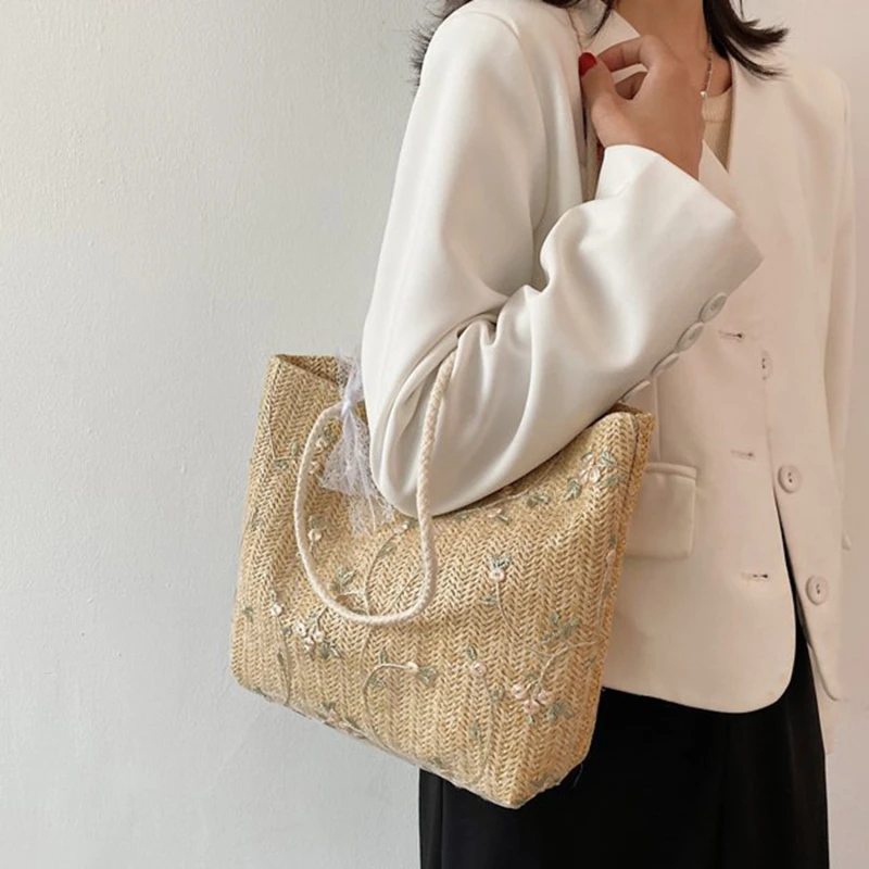 Summer Women Straw Woven Shoulder Bag Straw Bag Flower Embroidery Lace Beach Handbags Casual Ladies Large Capacity Totes Pouch