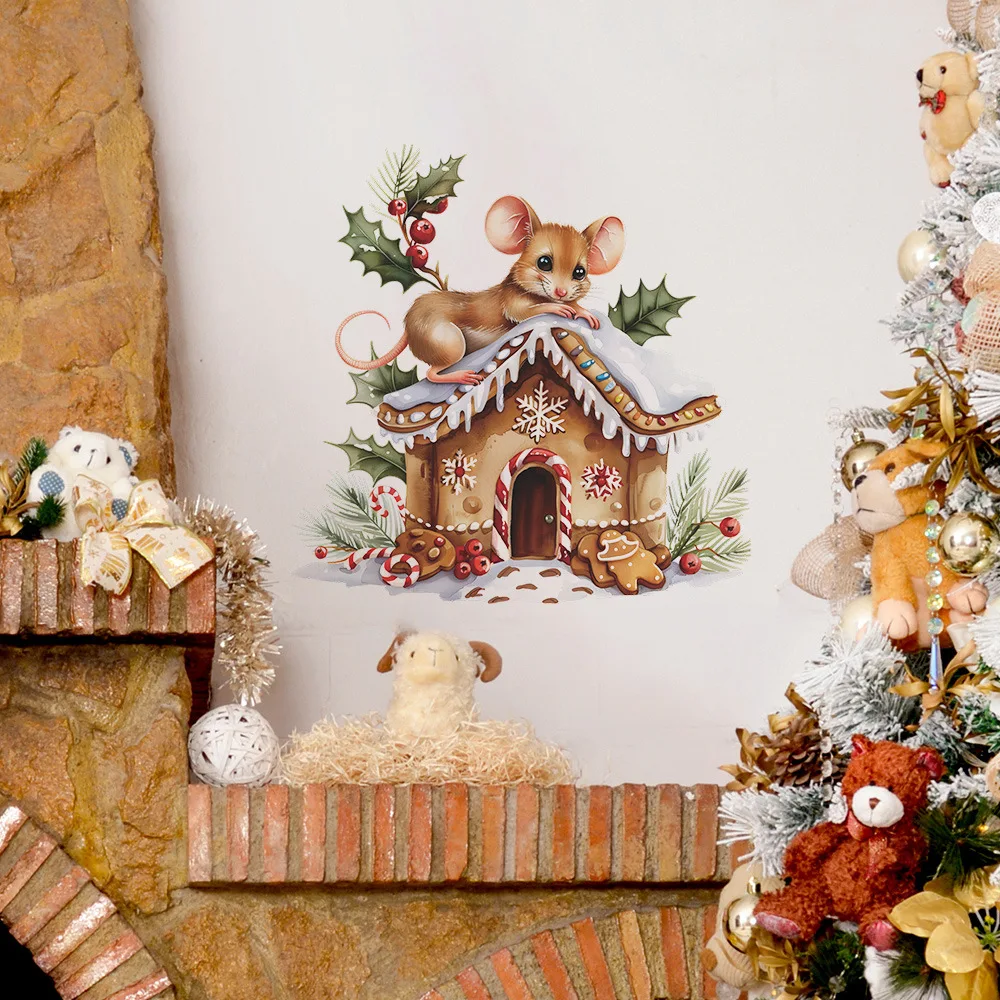 

Christmas Wooden House Mouse Wall Sticker For Festival Room Decoration Mural New Year Beautify Decor Self-adhesive Home Decals