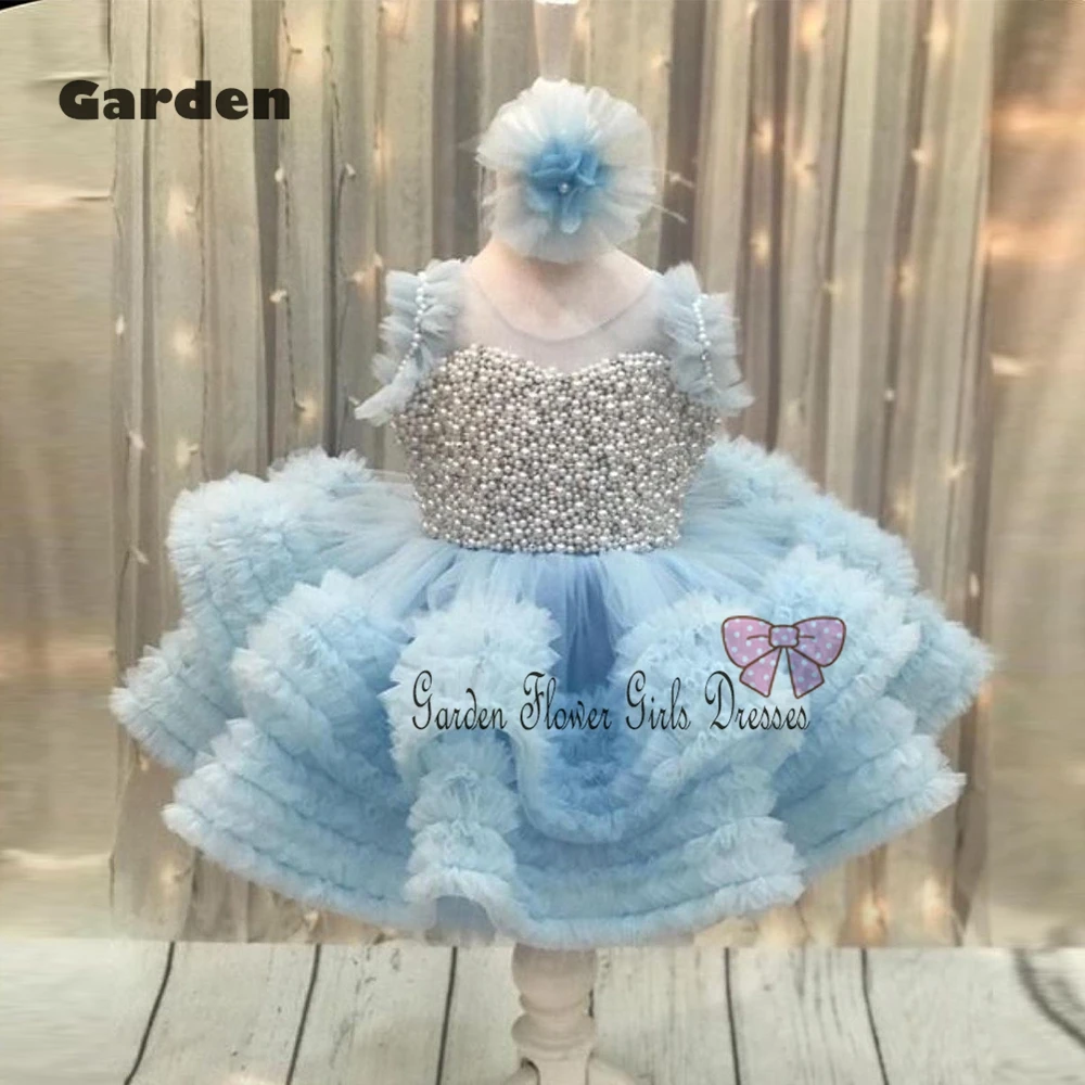 Charming Blue Flower Girls Dresses for Princess 2025 New Knee Length Scoop Real Picture Christmas Dresses Soft Tulle فستان عيد