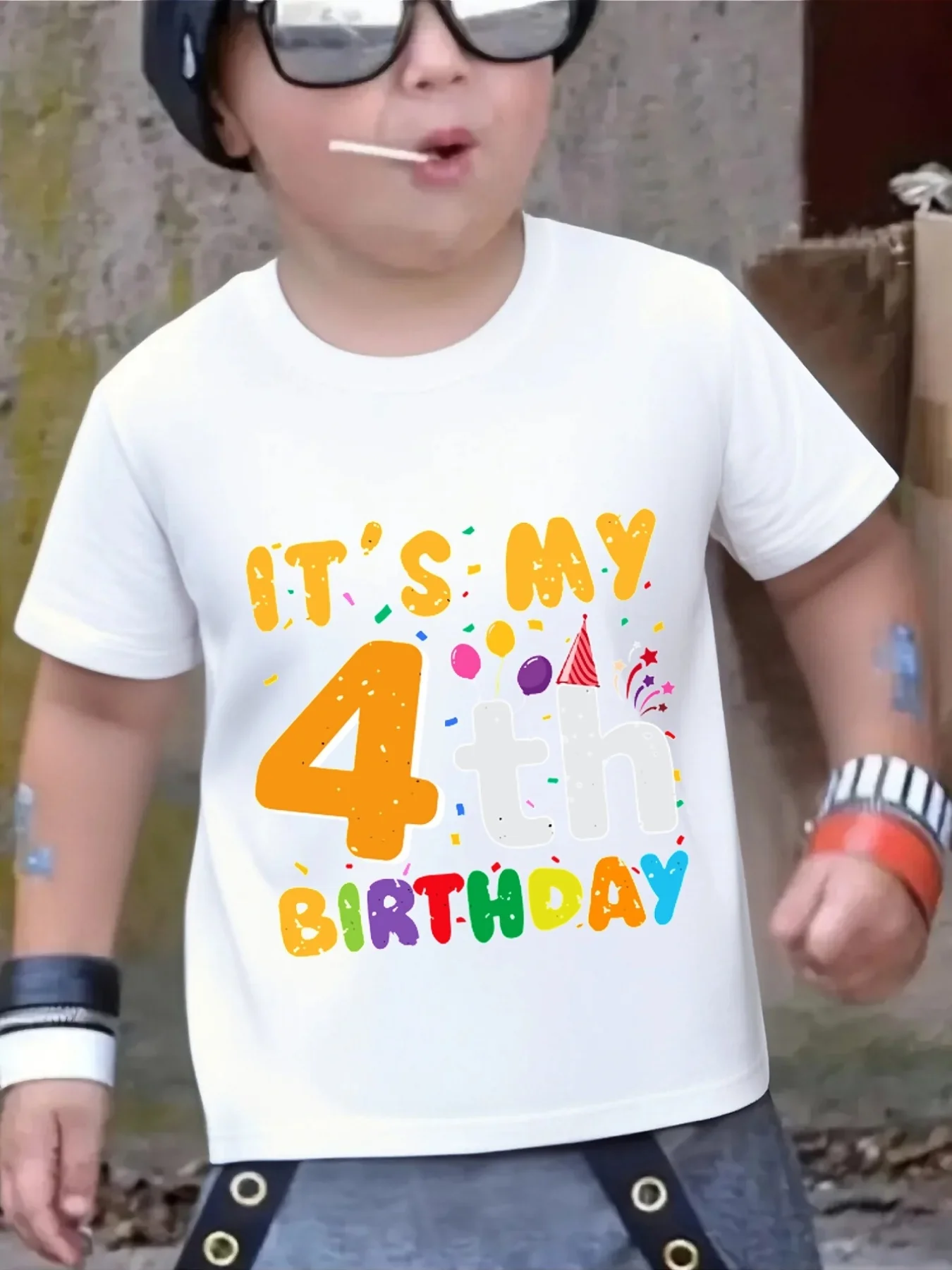 Cute It Is My 4Th Birthday Balloon Confetti Print Family Matching T Shirt Boys Girls Short Sleeve Parent Soft Cotton Casual Tops