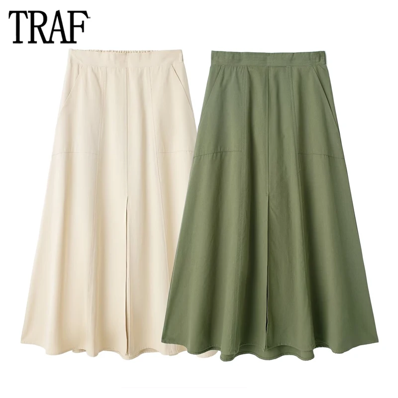 

TRAF Cape Pleated Midi Skirts for Women High Waist Long Skirt Woman Summer Cargo Skirt Women 2024 Streetwear Slit Women's Skirts