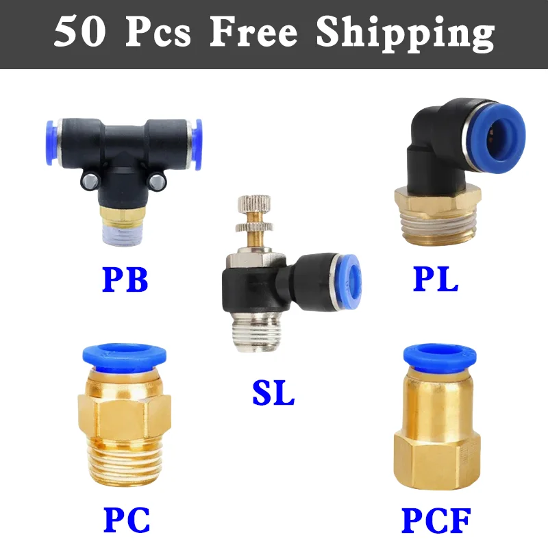 50 Pcs Pneumatic Air Connector Fitting PC/PCF/SL/PB/PL 4 6 8 10 12 Thread 1/8 1/4