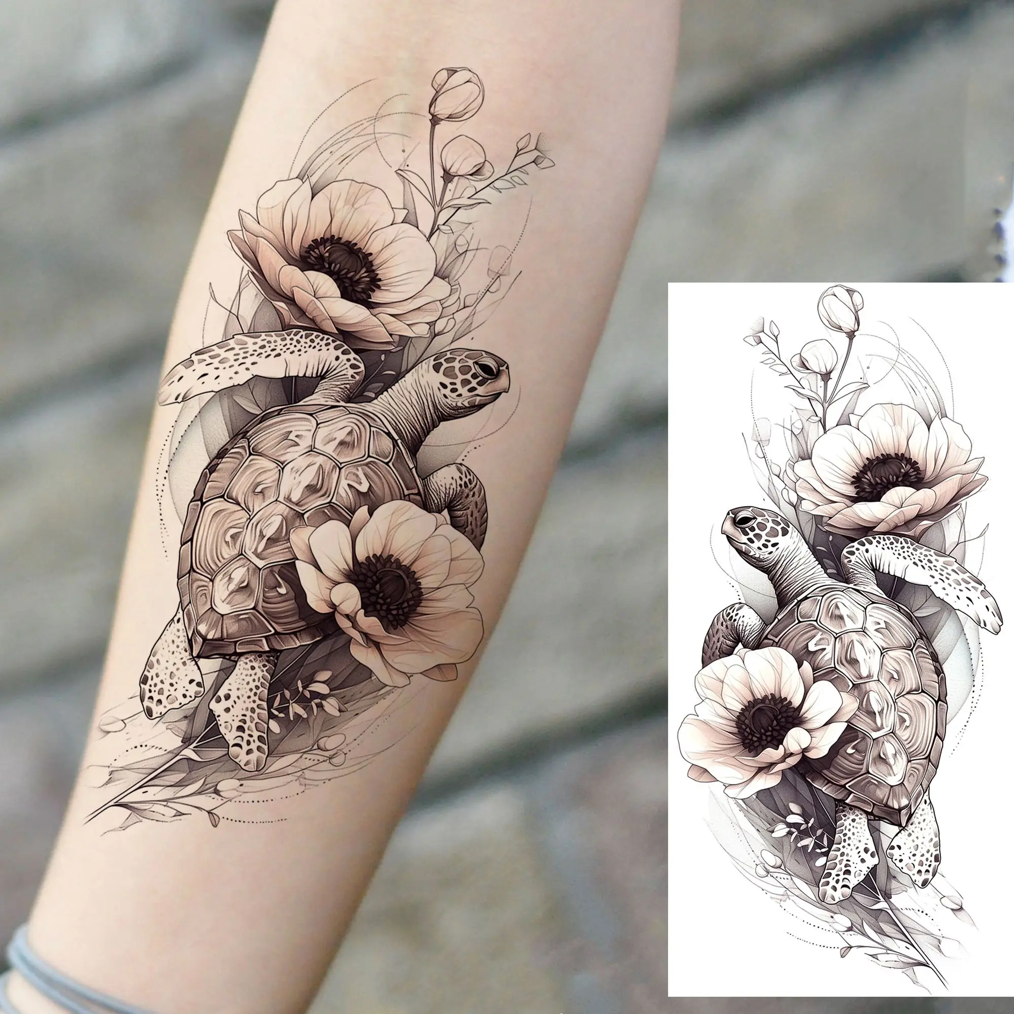 1 Sheet Beautiful Turtle With Flowers Temporary Tattoos Elephant Lion Tatoos Waterproof Realistic Animals Fake Tattoos Stickers