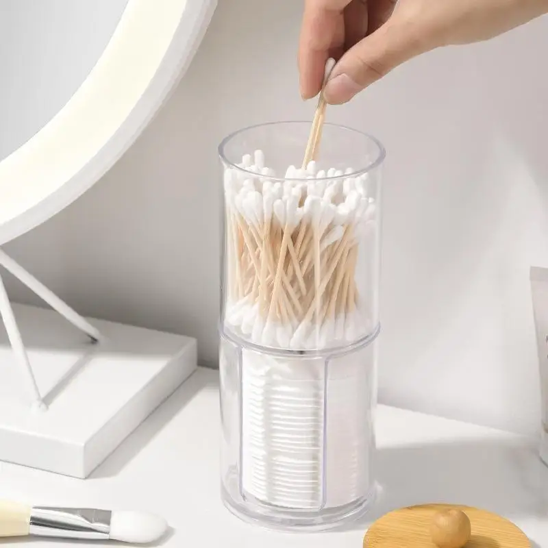Wattestäbchen-Organizer mit Bambusdeckeln, durchsichtiges Apothekerglas aus Kunststoff für die Aufbewahrung von Kosmetikartikeln auf dem Schminktisch – Detail 11