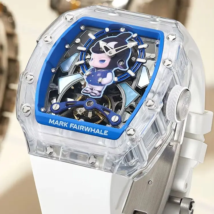 

Mark Fairwhale мужские автоматические часы 48 мм акриловый корпус Tonneau механические наручные часы 5ATM светящийся скелетонизированный циферблат водонепроницаемые
