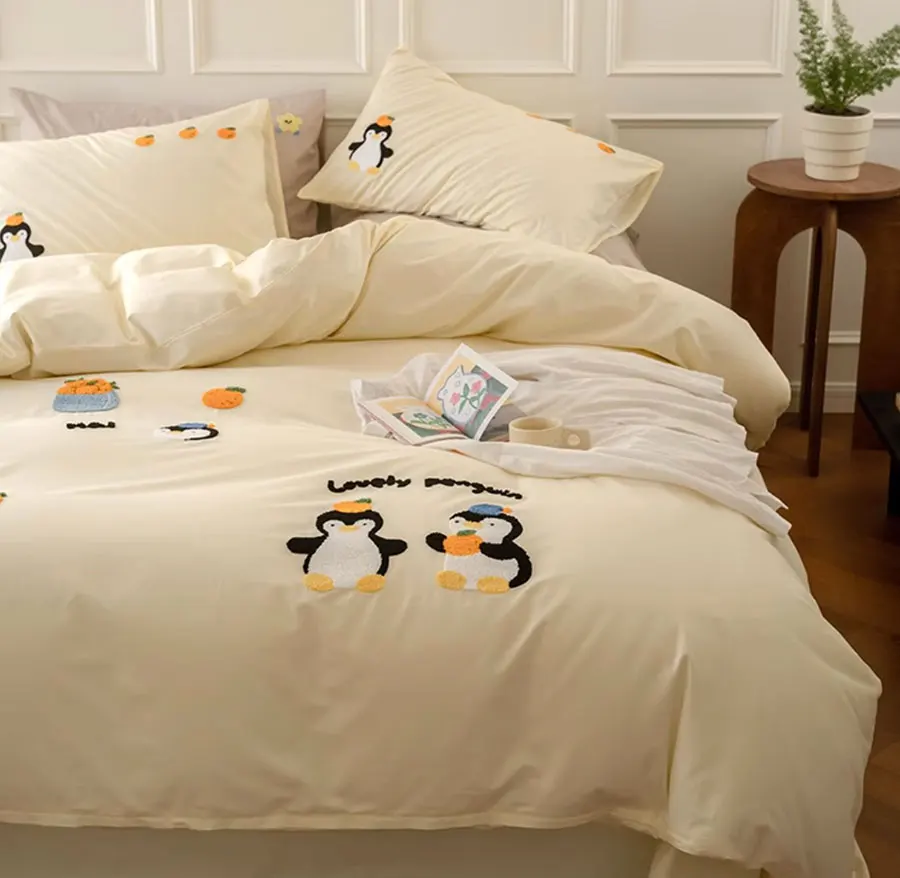 Cute embroidery penguin bedding set 1.2 1.5 1.8 2.0,twin full queen king cotton home textile bed sheet pillow case quilt cover