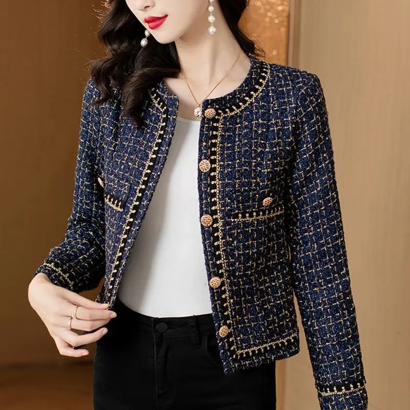 

Women's Fashionable Long Sleeved Casual Top Short Jacket 2026 Spring and Autumn Female New Round Neck Single Breasted Grid Coat