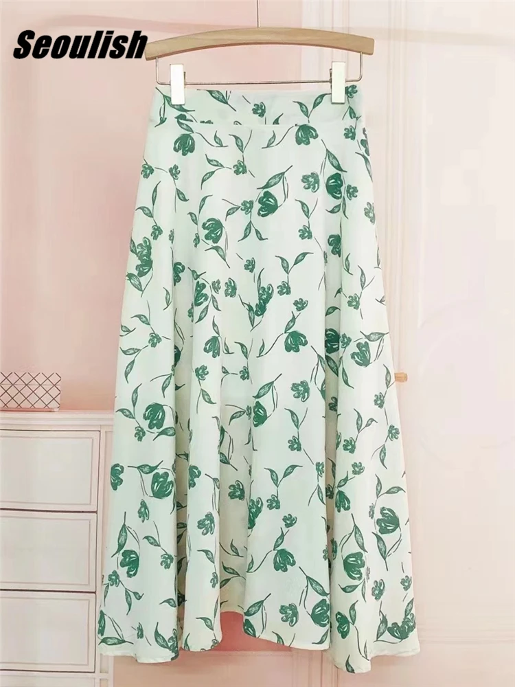 

Seoulish New 2022 Elegant Floral Printed Tulle Mi-long Women Skirts High Waist Female Umbrella Skirts Ladies Spring Summer