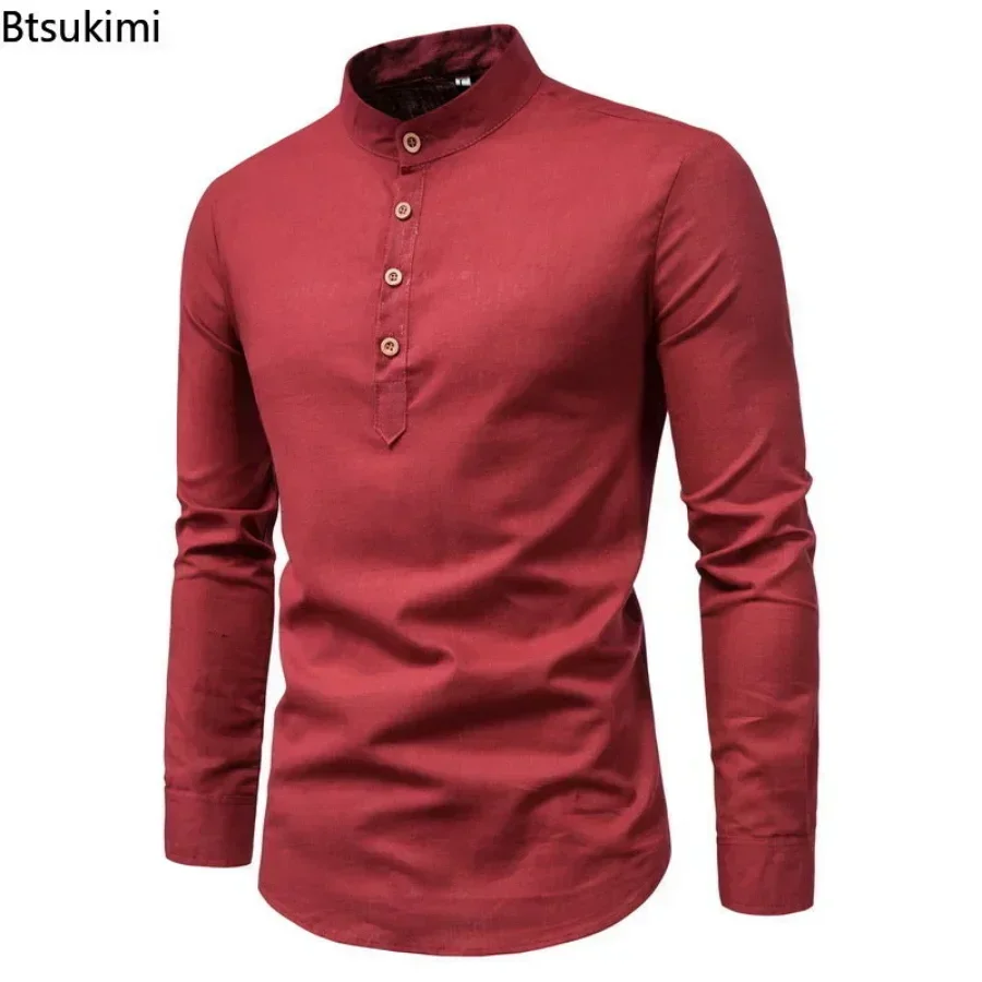 새로운 2025 남성용 비즈니스 셔츠 솔리드 슬림 공식 오피스 통기성 탑 셔츠 남성용 코튼 린넨 긴 소매 셔츠 남성 M-5XL