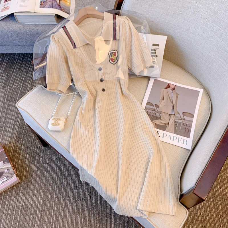 

Повседневное однобортное мини-платье трапециевидной формы с короткими рукавами в консервативном стиле, женское платье, модное винтажное трикотажное платье с воротником-поло