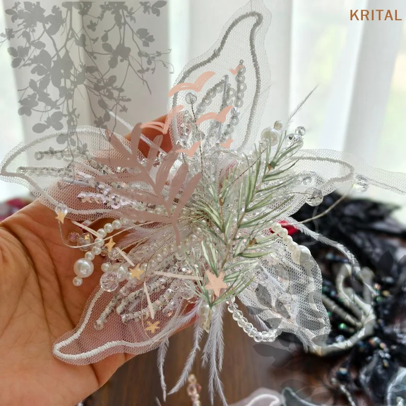 1 Pcs Crystal Flower Lace Studded Patch Feather Pearl 3D Organza Flower Patch Twisted Wire Handmade DIY Sewing Decals