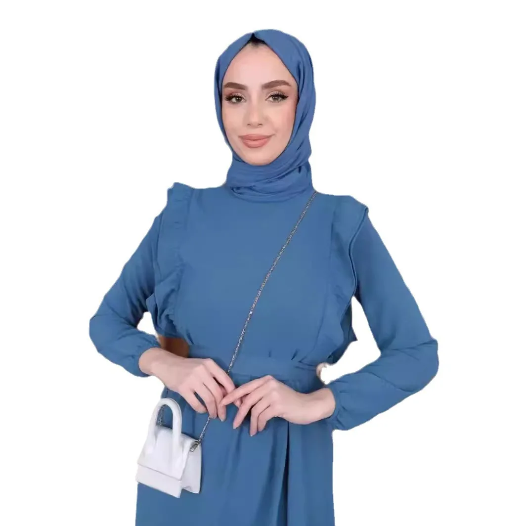 Monochrome Muslim Dress with Lotus Leaf Sleeves for Women, Luxury and Fashionable, Elegant and Luxury, Spring and Autumn, New