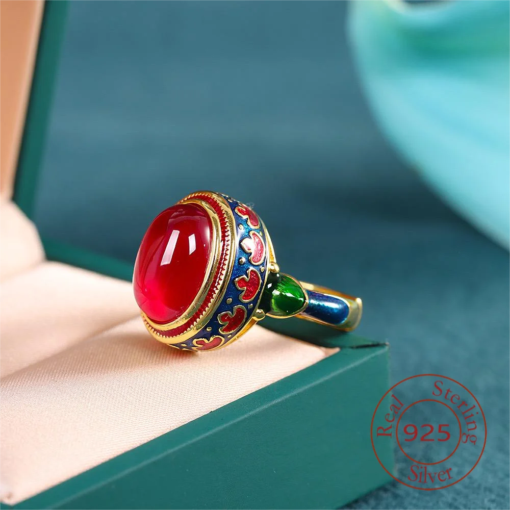 

Amxiu 100% 925 Sterling Silver Enamel Color Red Corundum Ethnic Flavor Ring Handmade Adjustable Ring Ring