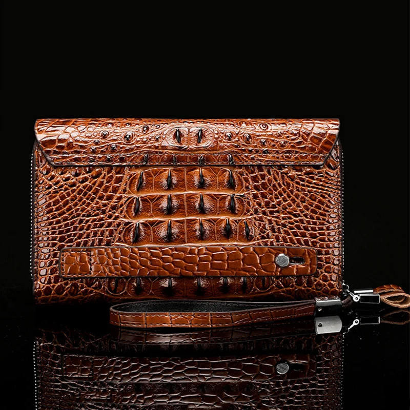 Business Crocodile Pattern Men\'s Clutch bag with Wrist Strap Large Long Split Leather Male Hold bags Wallets Card Holder Purse