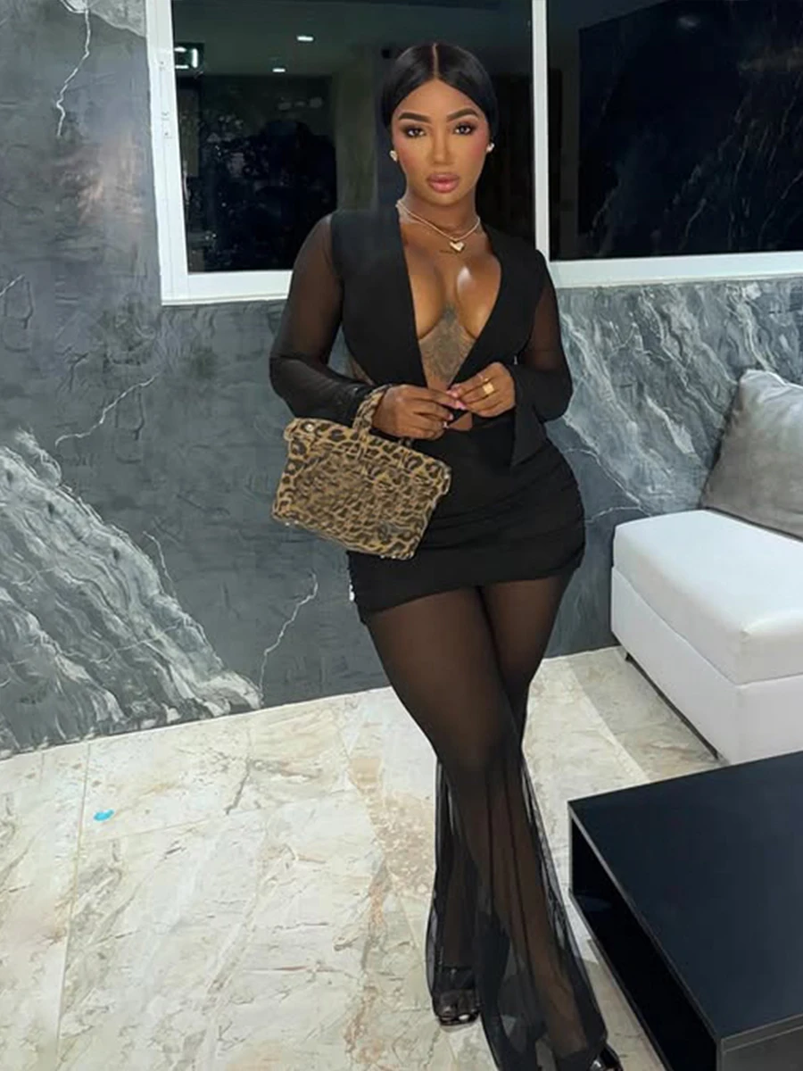 Cutenew Chic Waistless Jumpsuit Woman 2026 spring Hollow Metal Buckle v-neck Sexy patchwork mesh Elegant midnight Club Overalls