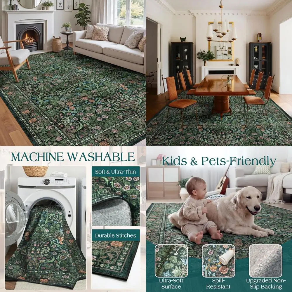 Large 9x12 Dark Green Boho Style Living Room Rug with Floral Design, Stain Resistant and Soft Low Pile