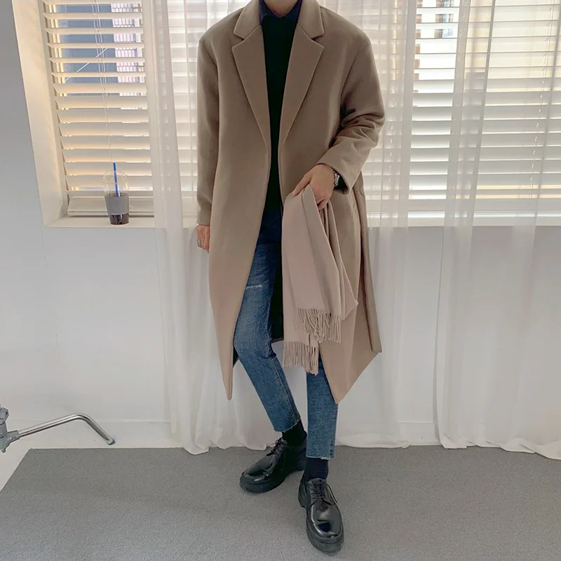 fashion Korean woolen coat men's medium long woolen trendy coat thickened handsome clothes with belt autumn winter 2Y4534