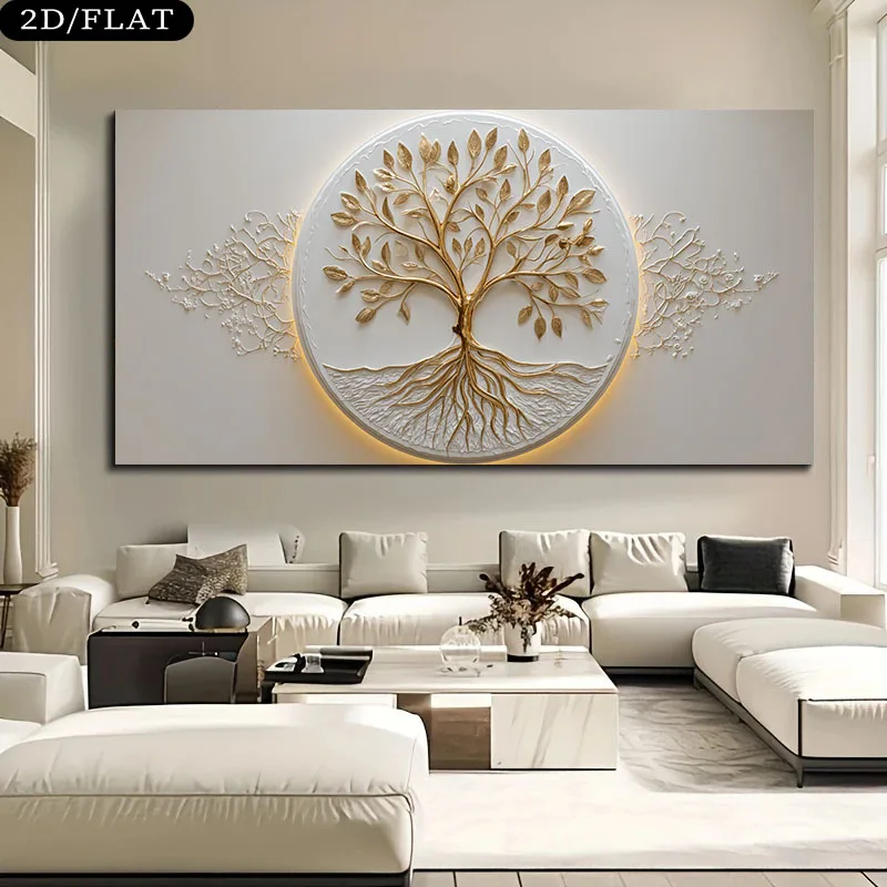

2D Flat Large Frameless Golden Tree of Life Modern Art, Frameless Abstract Canvas Wall Art for Elegant Living Room, Office Decor
