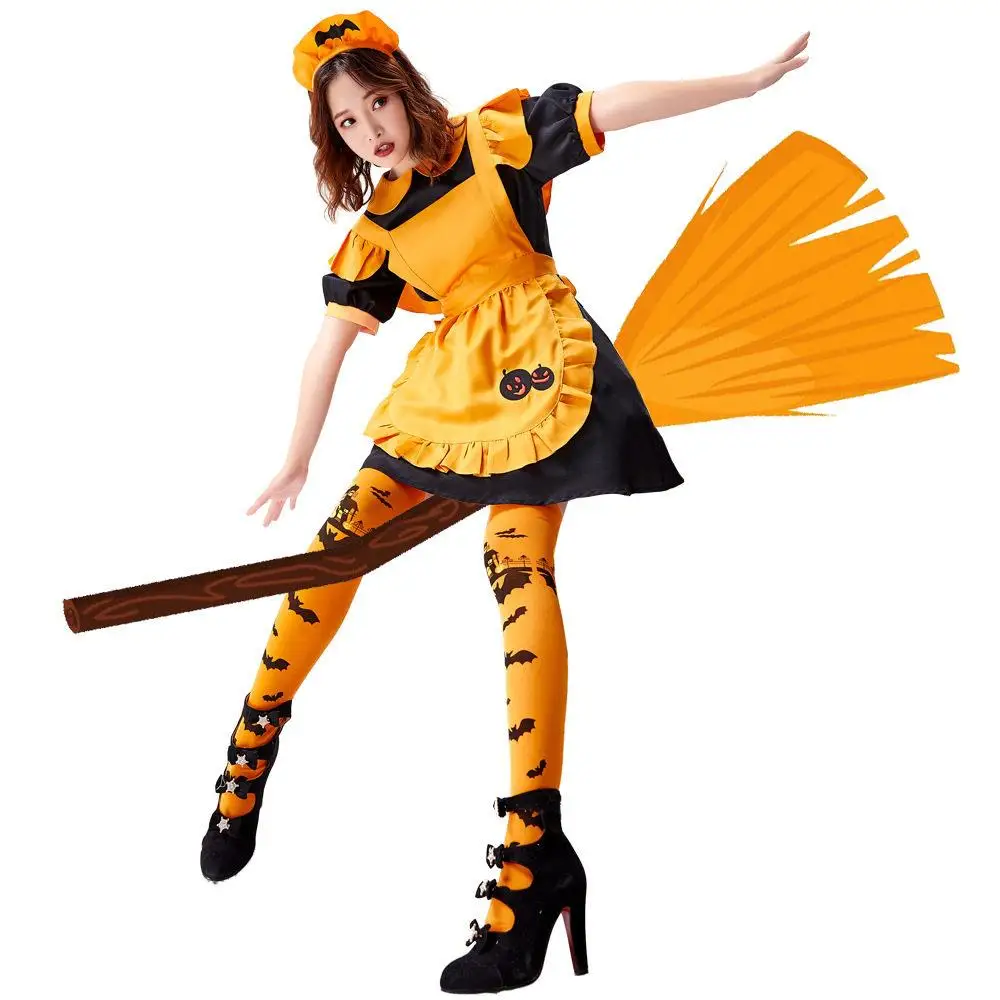 

Halloween Pumpkin Embroidery Maid Costume Women's Style Fall Season Fashionable Ladies' Traditional Chinese Stage Outfit