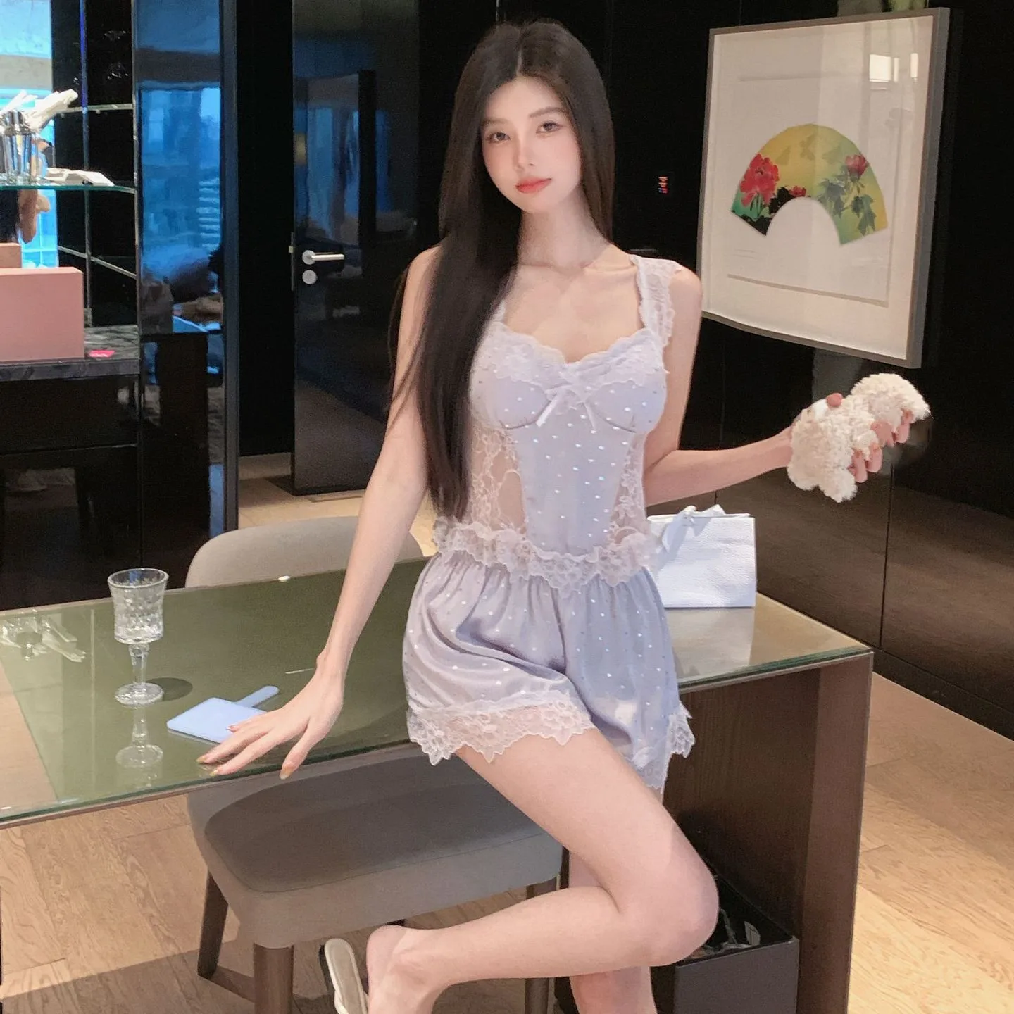 

Summer Women Pajamas Set Sexy Polka Dot Strap Top Shorts Silky Sleepwear Night Wear Patchwork Hollow Lace Loungewear