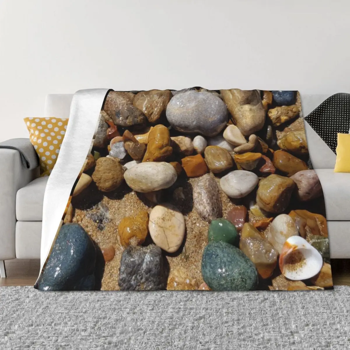 

Wet sea stones and pebbles on beach sand Throw Blanket Beautifuls Camping Thermal Blankets For Baby Blankets