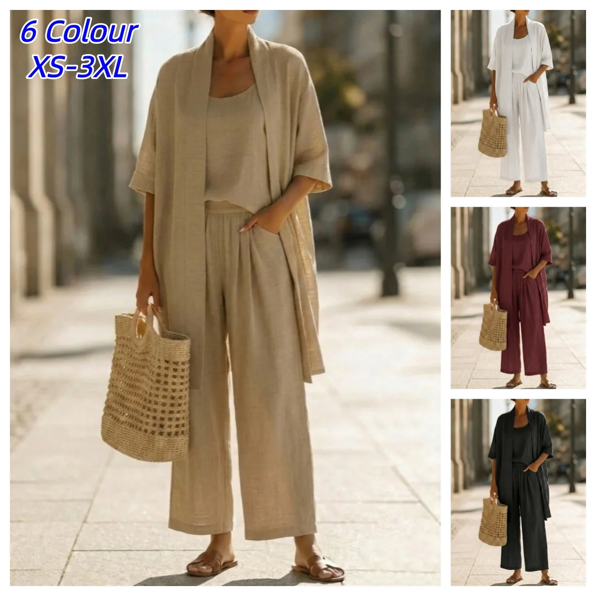 

Casual Solid Cotton Linen Loose Vest Shirt Trouser 3pc Set Women Short Sleeve Cardigan Wide Leg Pants Suits Summer Lady Outfits