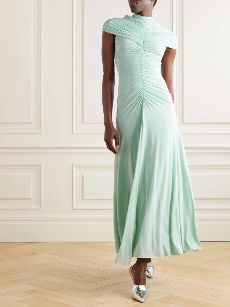 

Новое сексуальное длинное платье трапециевидной формы с круглым вырезом и складками, женские драпированные платья с короткими рукавами и рюшами, элегантные вечерние платья