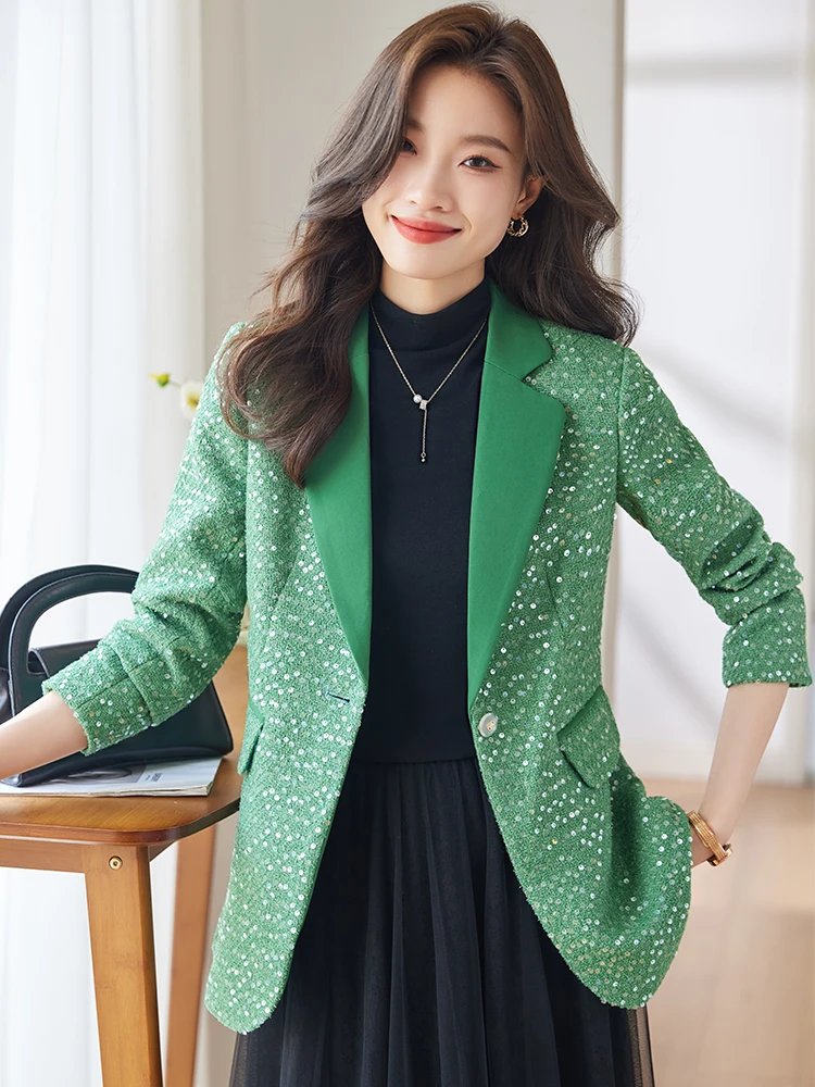 

New Arrival Ladies Casual Blazer Women Female Green Black Beige Long Sleeve Single Button Slim Autumn Winter Jacket Coat