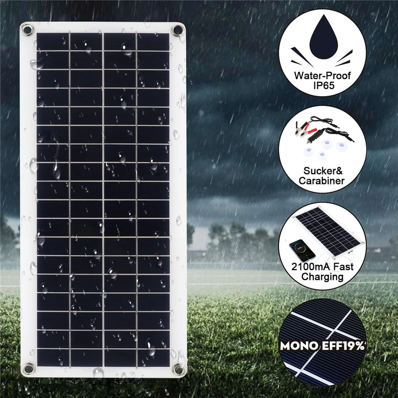 50W Solar Panel 12V Monocrystalline USB Power Portable Outdoor Solar Cells Car Ship Camping Hiking Travel Phone Charger