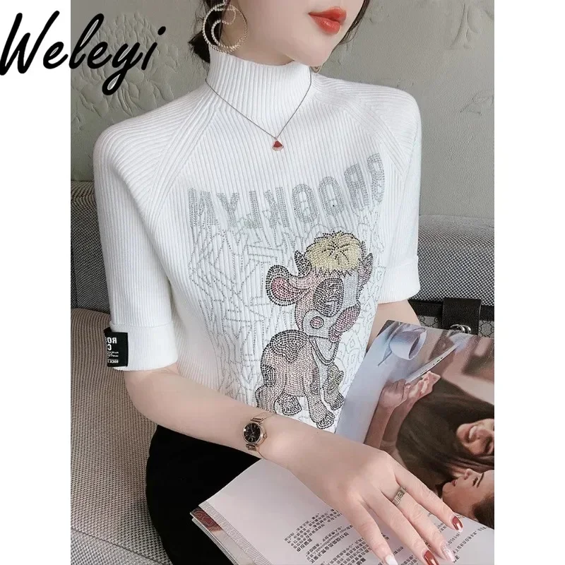 

Half-sleeve Cartoon Hot Diamonds Knitted Shirt Elegant Women's Fall 2024 New Loose Korean Style Crew Neck T-shirt Top Feminino