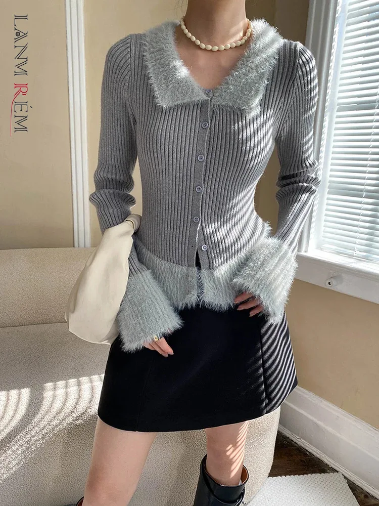 

[LANMREM] Temperamnet Mink Fur Spliced Knitted Sweater Women's Lapel Single Breasted Gathered Waist Cardigan 2025 Spring 25Z2079