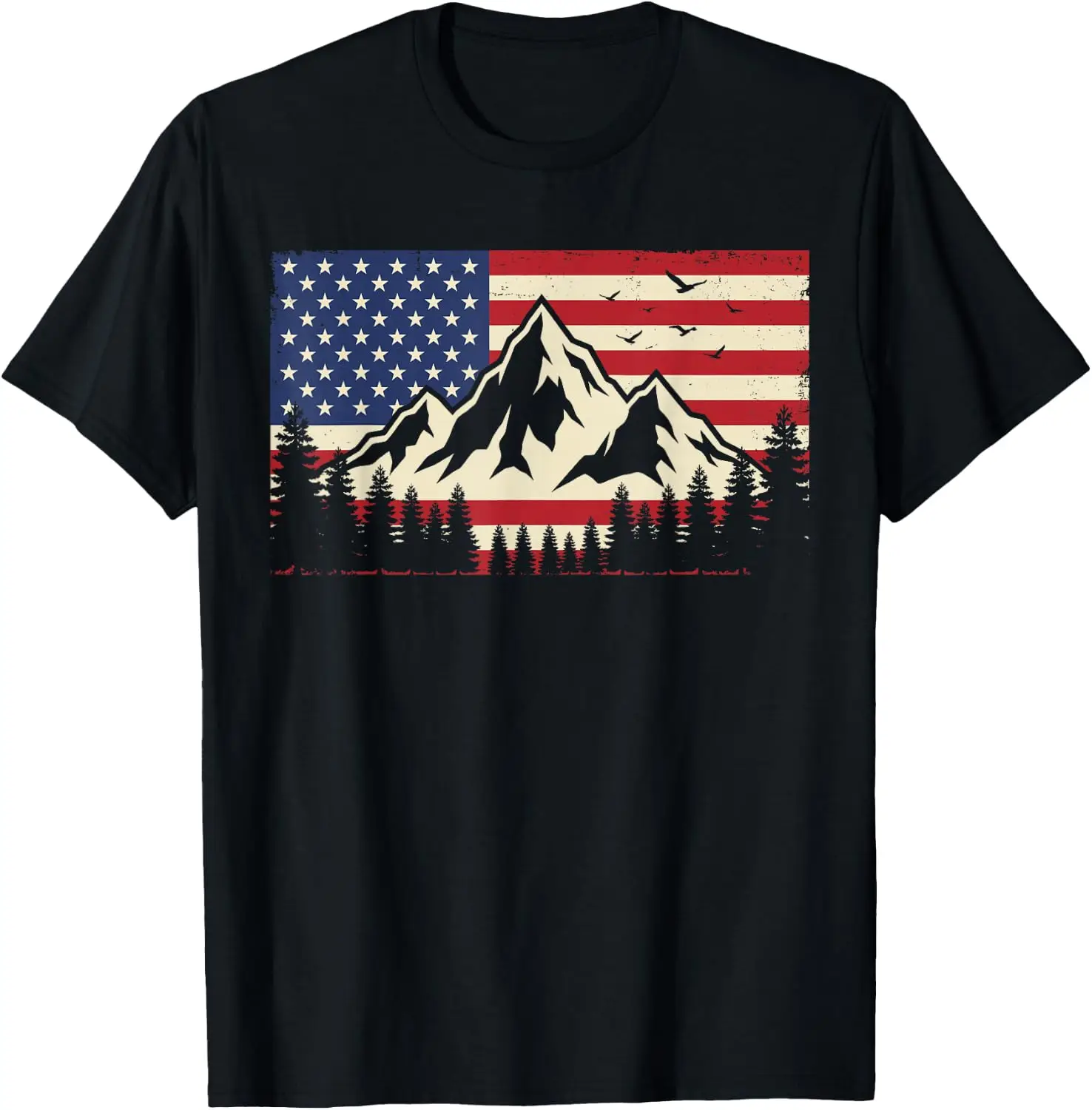 Mountain Landscape American Flag 4Th Of July USA T-Shirt Tee – Soft, & 100% Cotton Trendy Y2K Short-Sleeve Tee-Soft,