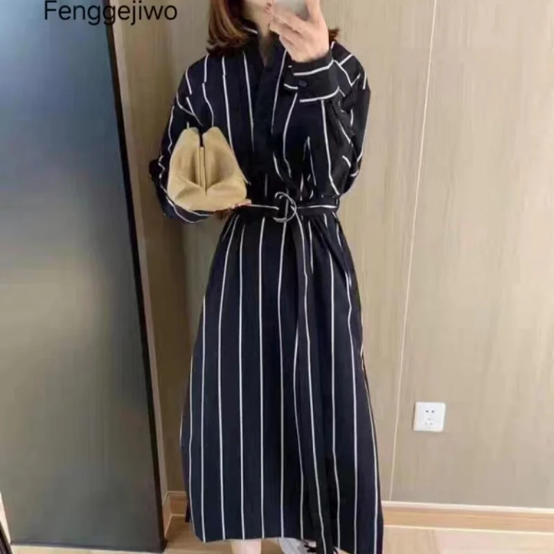 Fenggejiwo Long Dress Windbreaker Style Loose Spring and Autumn Striped Windbreaker