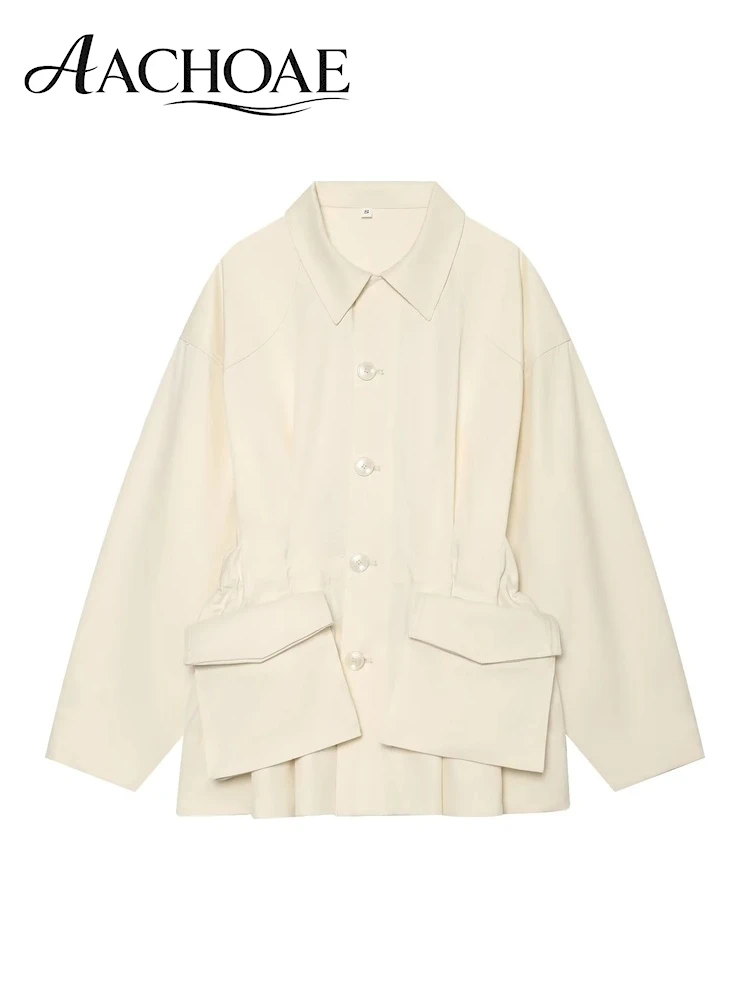 AACHOAE Women Utility Jacket Cinched Waist Button Up Coat Oversized Flap Pocket Turn Down Collar Loose Casual Outerwear