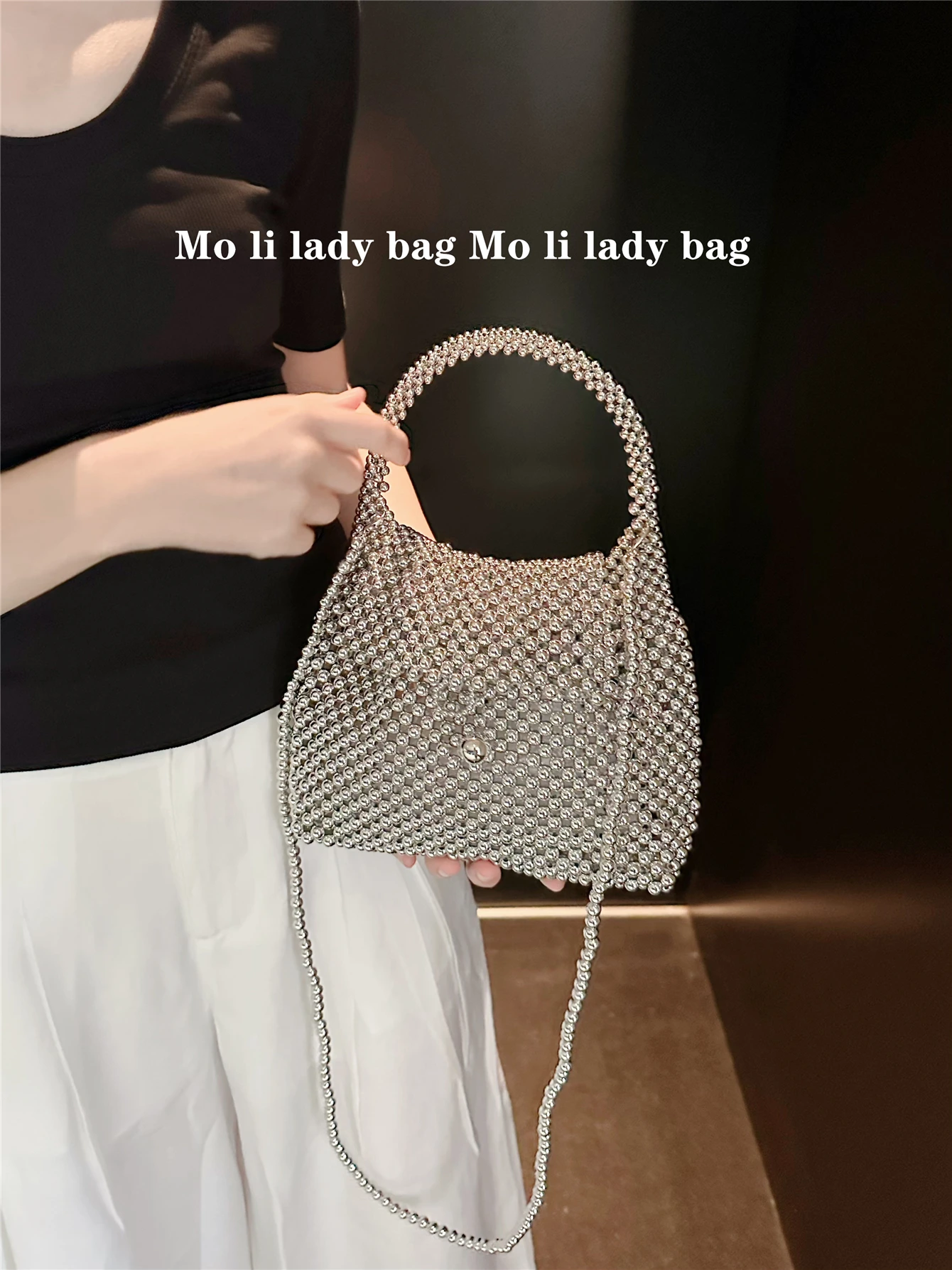 

Ретро-сумка через плечо с блестящими гальванизированными серебряными бусинами, роскошная универсальная сумка ручной работы в британском стиле, однотонная