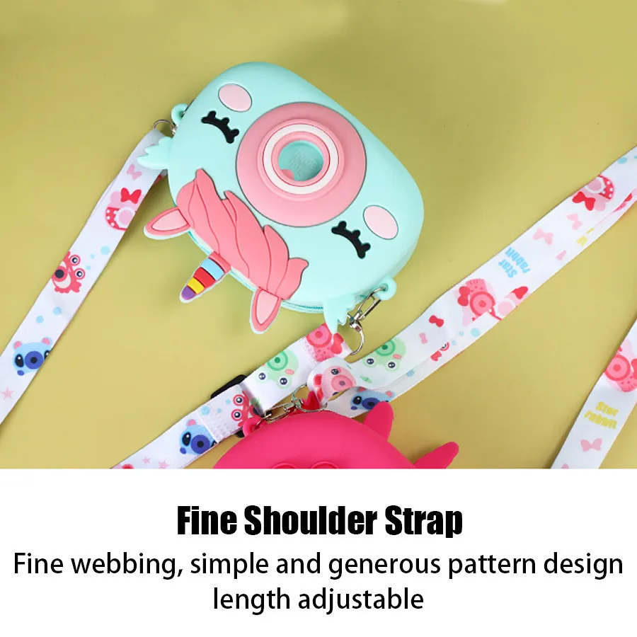 New children\'s unicorn camera coin purse, cute silicone waterproof children\'s crossbody bag, cute design, bright colors