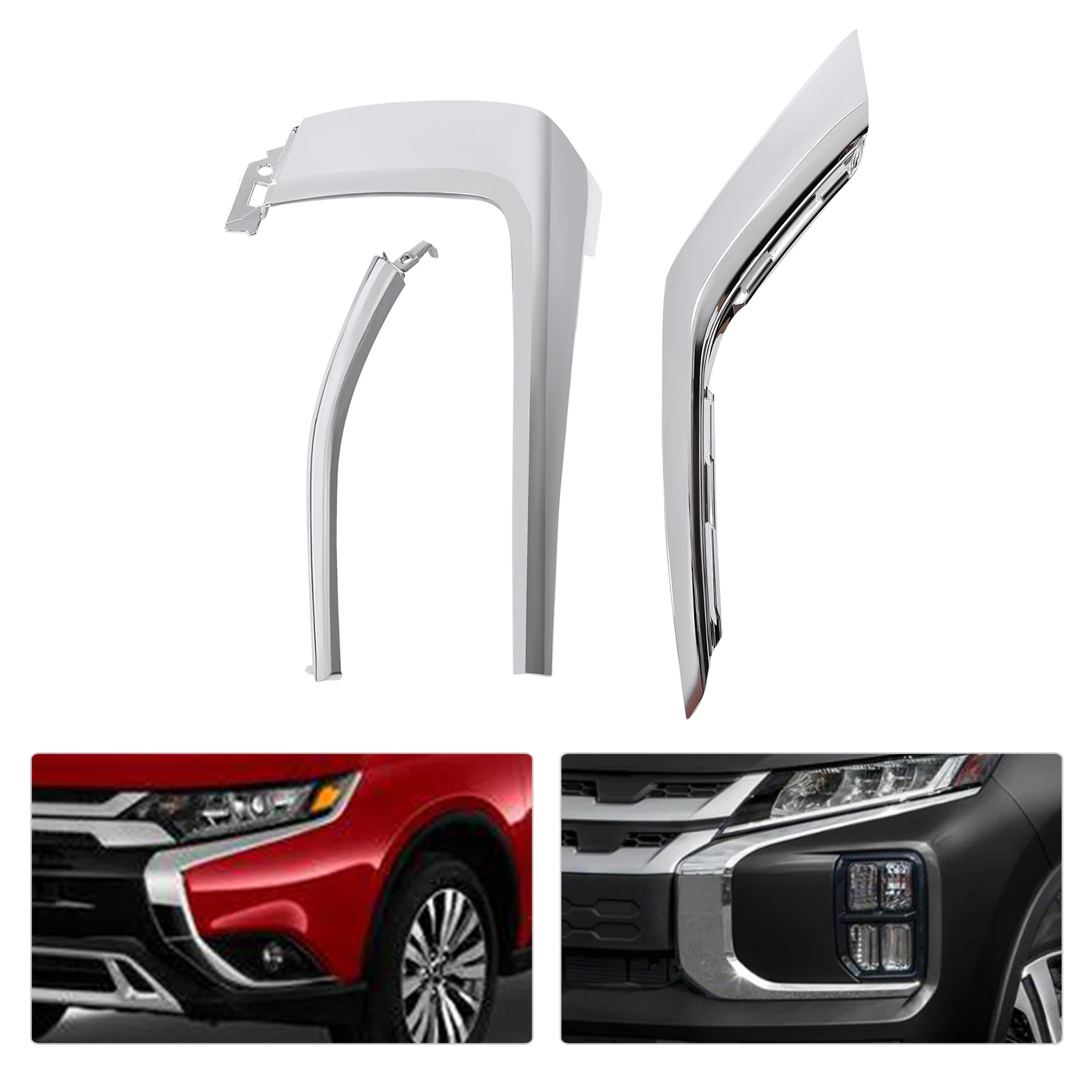 3-Piece Chrome Bumper Molding Cover Trim Set - Fit for 2016-2021 Mitsubishi Outlander, Left Driver Side Exterior