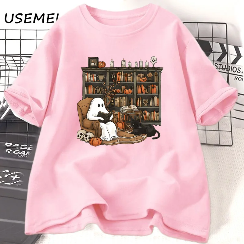 Retro Ghost Reading Books Librarian T-shirt Halloween Teacher Tshirt Women Cotton Boo School T Shirt Streetwear Women\'s Clothing