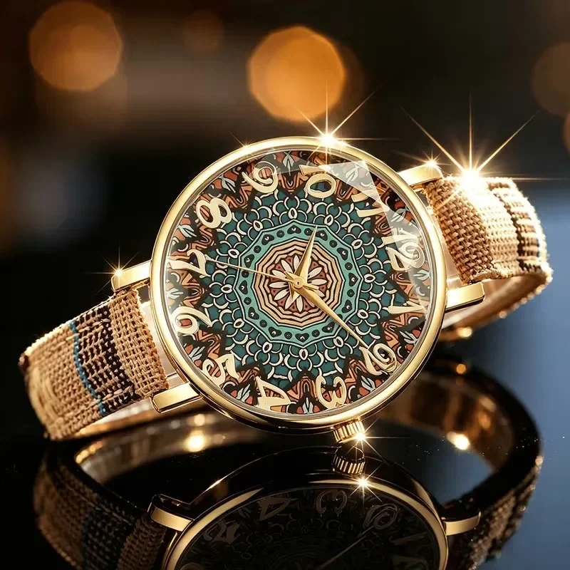 2Pcs Set Bohemian Mandala Floral Dial Women Quartz Watch + Rhinestone Bracelet Canvas Strap Fashion Wristwatch for Ladies Gift