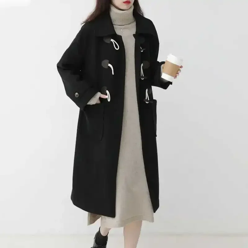 2023 spring and autumn new horn buckle woolen coat women's Japanese retro small woolen coat women's medium and long