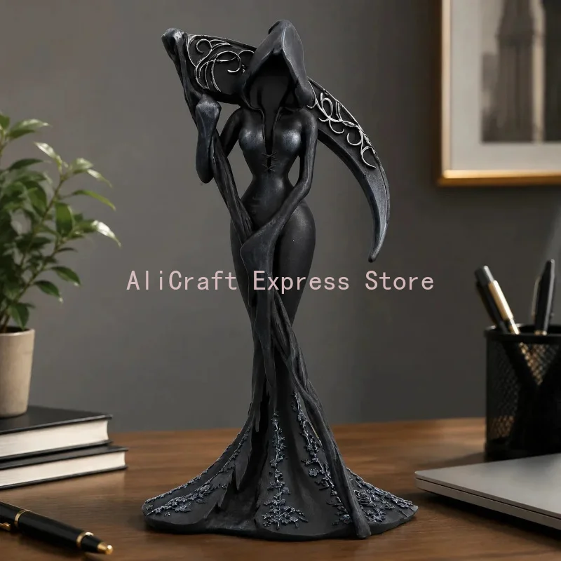 Winged Dark Hooded Female Reaper Figurine Resin Craft Sculpture Gothic Tabletop Decor Halloween Horror Fantasy Home Ornament