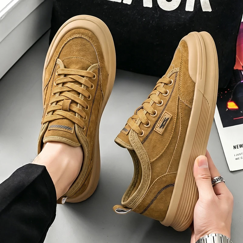 Men Suede Casual Board Shoes Thick Platform Sole Height‑increasing Sneakers Lace‑up Daily Fashion Student Shoes Size 39‑44