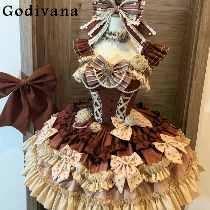 

Lolita JSK Lolita Dress for Women Japanese Style Gown Cake Princess Dress Female Bow Collar Lolita Short Dress with Headwear