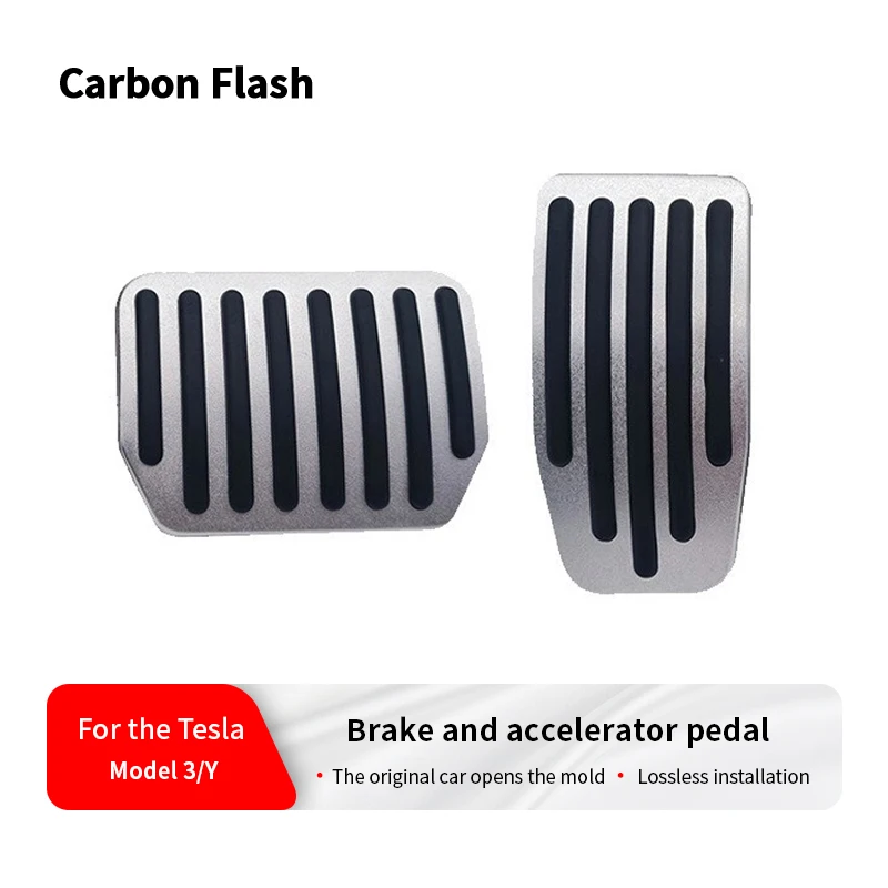 Carbon Flash Silver Aluminum Pedal Covers for Tesla 2021-2025 Model 3/Y – Accelerator & Brake Pad Set, Styling Accessory