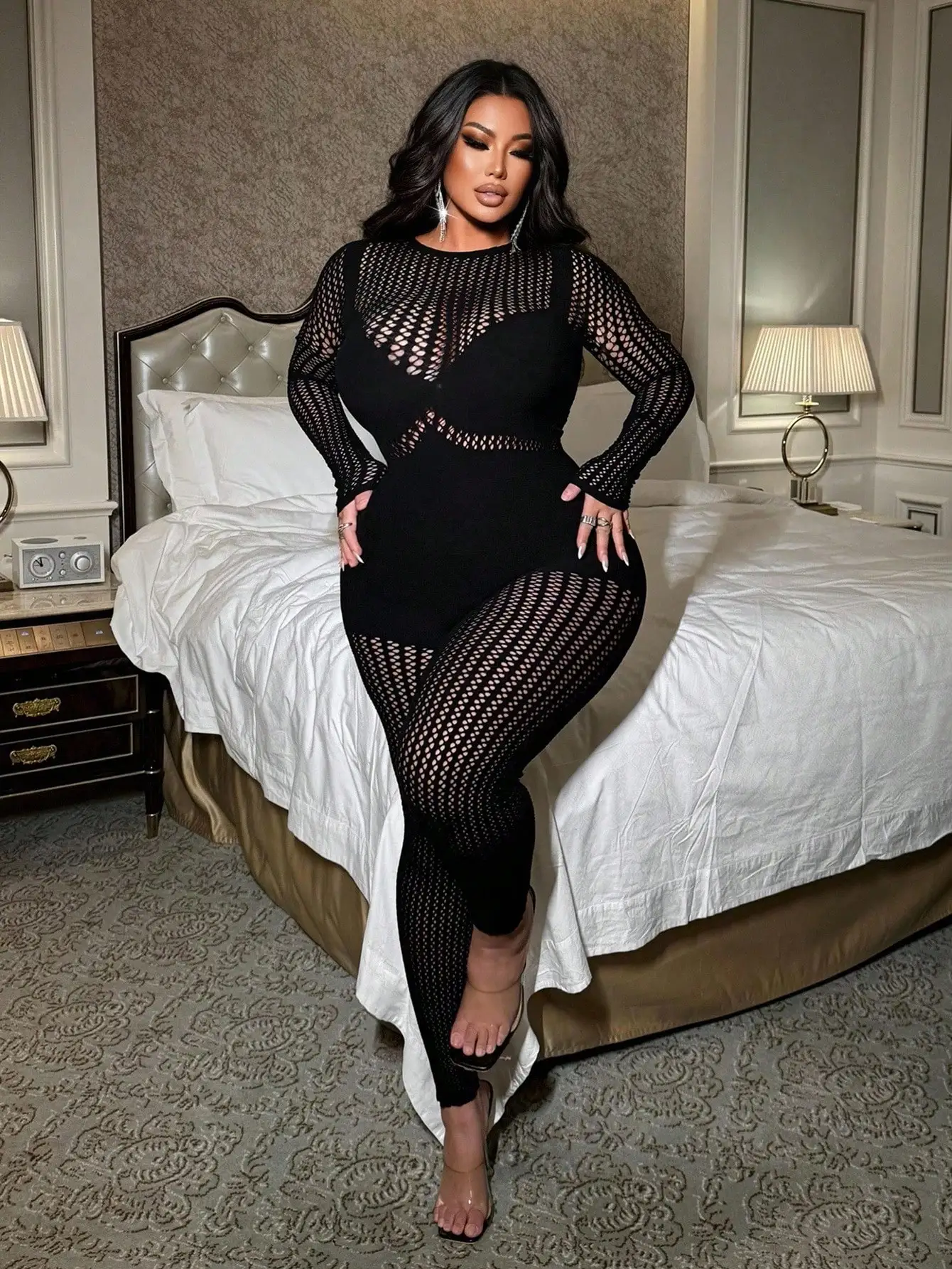 

Women Sexy Jumpsuits Solid Hollow Out Sheer Mesh Workout black Bodysuit Plus size long sleeve