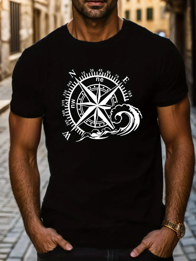 Men's compass graphic T-shirt casual short-sleeved printed T-shirt, breathable 100% cotton summer fashion top.