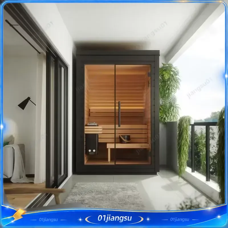 Luxury Black Printed Outdoor 2 Person Wooden Dry Steam Sauna Cabin with Harvia Stove Home Spa Wellness Heat Therapy